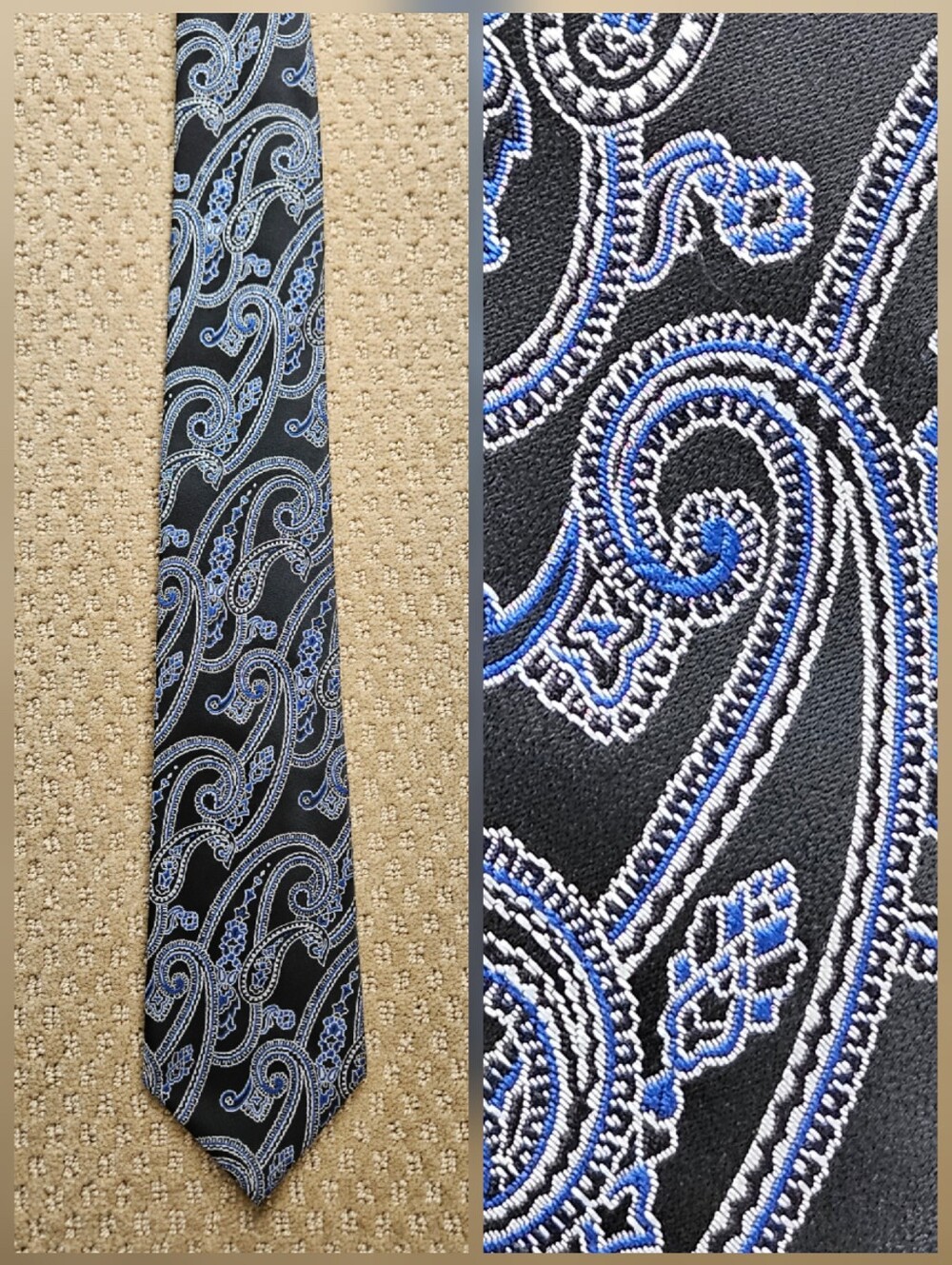 Jones New York black tie with blue / white paisley design